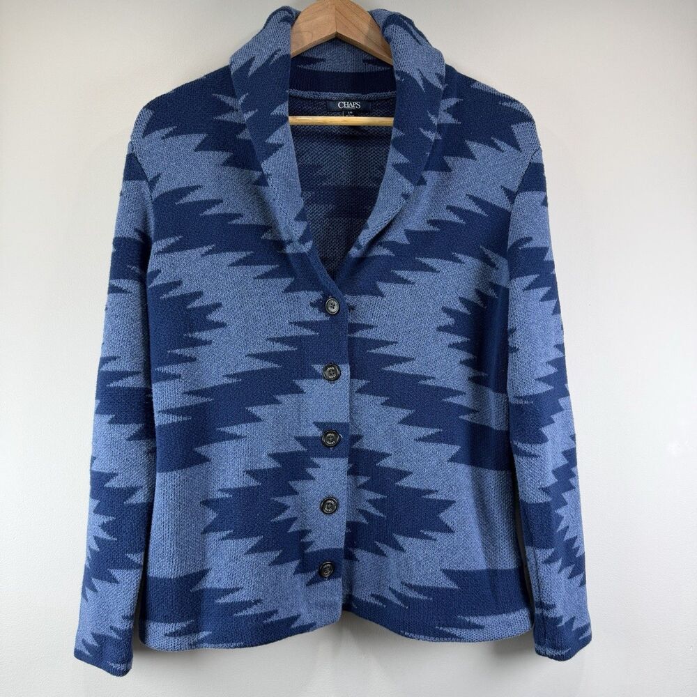 Chaps Womens Size L Blue Aztec Southwest Button Up Cardigan Blazer Sweater Tan